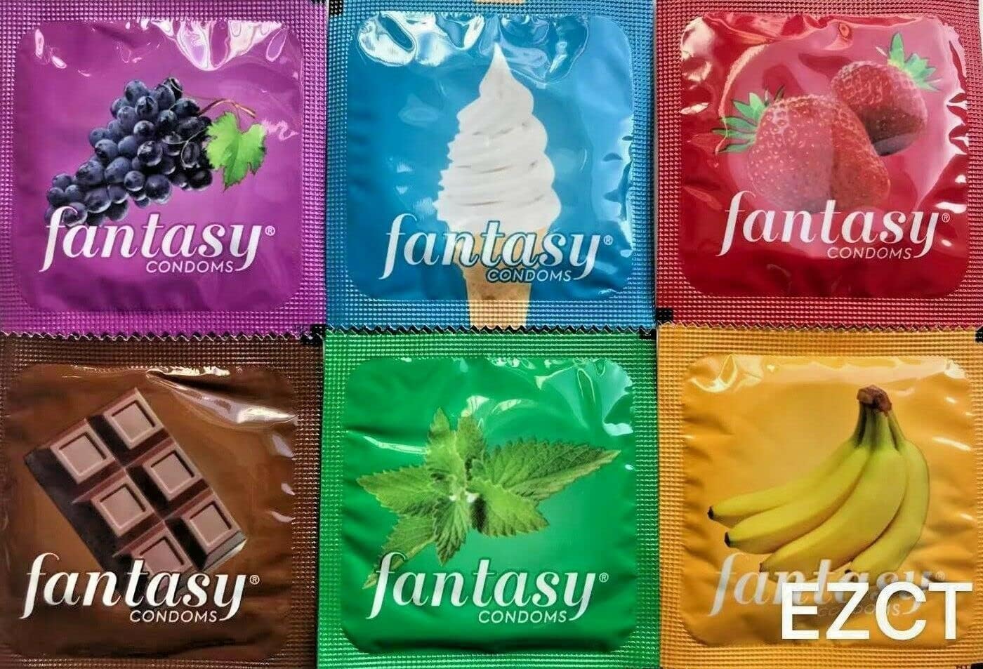 Condones con Sabor Fantasy Mix – Vainilla, Fresa, Menta, Uva, Chocolate y Plátano