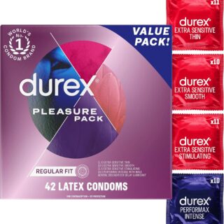 Durex Pleasure Pack – Condones Variados con Lubricante, Extra Sensibles y Performax Intense (Retrasa la Eyaculación)